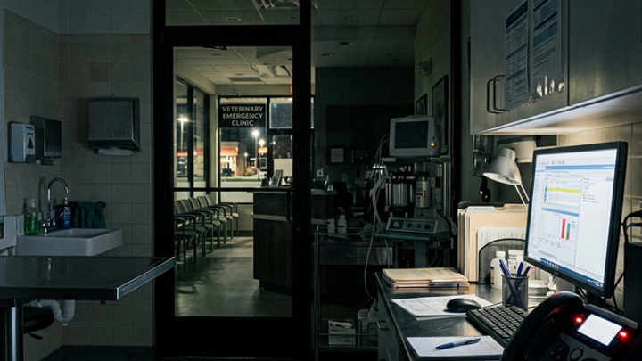 A dark veterinary clinic exam room after hours, illuminated only by a computer monitor, with a desk phone showing a blinking voicemail light