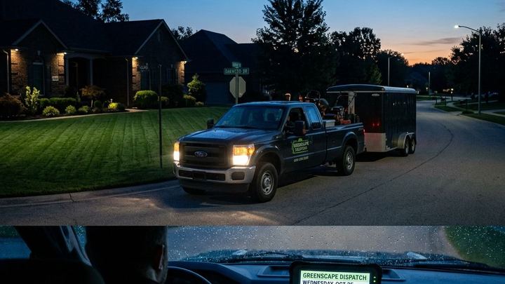 Landscaping crew truck and trailer at pre-dawn, headlights on, dispatch tablet inside showing 6-property route schedule for the day. The manicured lawn ahead catches first morning light. The mood: organized, professional, already working before the homeowner wakes up.