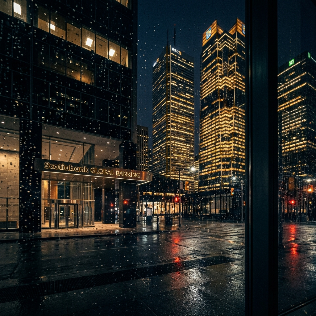 Toronto financial district at night, glass towers glowing through rain , representing the competitive AI agency landscape in the GTA