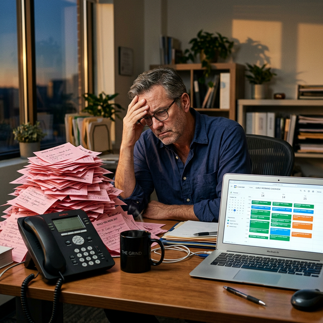A frustrated business owner sits at a desk surrounded by a tall stack of pink While You Were Out message slips next to a desk phone, while a laptop beside him shows a calendar full of confirmed bookings