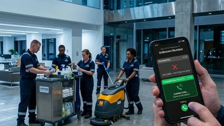 Commercial cleaning crew preparing in a large office lobby, while a phone shows an AI routing interface declining a residential caller and connecting a commercial facility manager.