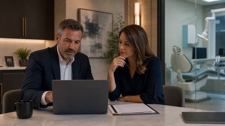 A dental practice owner and operations manager review an AI vendor, patient-intake boundaries, and implementation evidence before launch