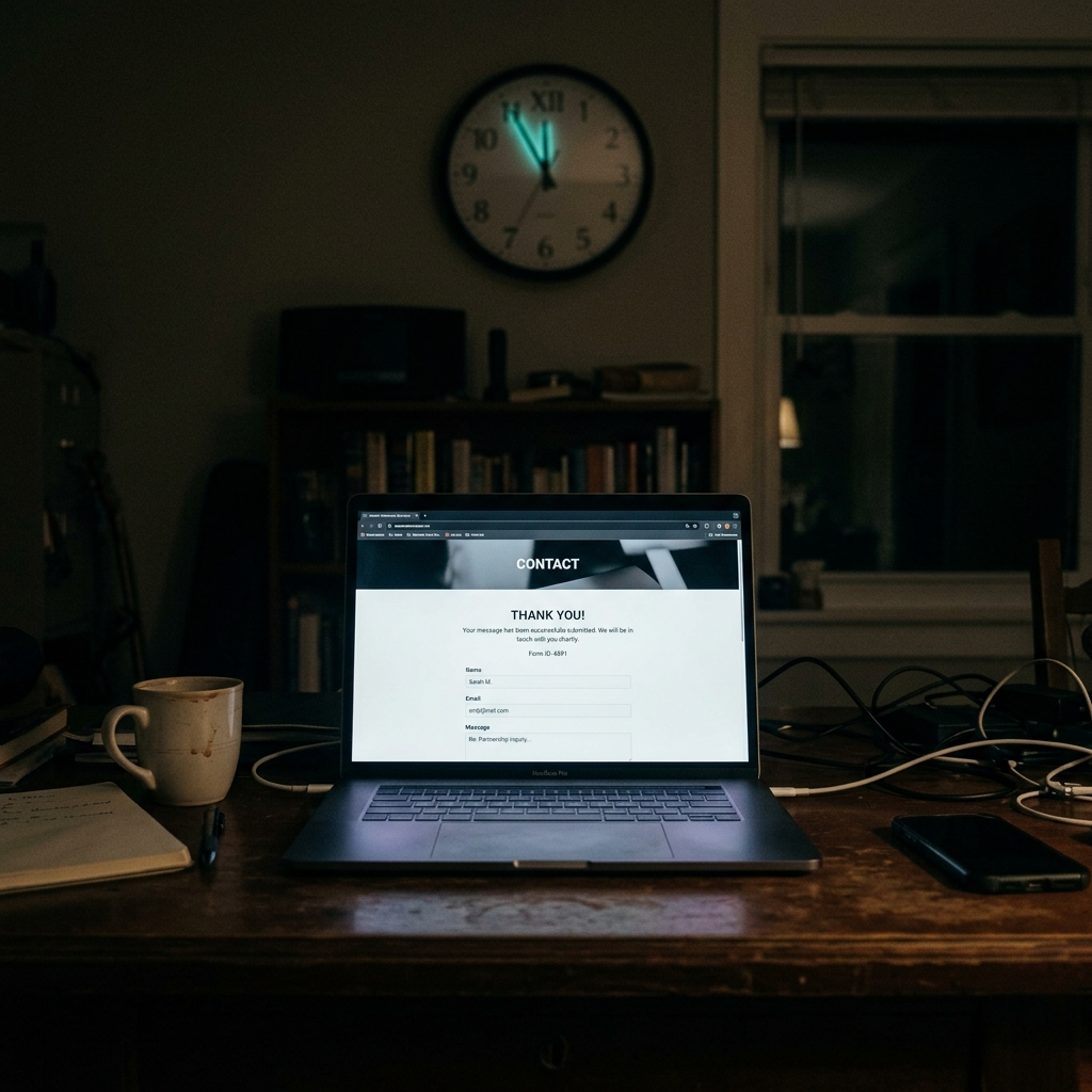 Laptop screen at night showing a submitted web contact form thank-you page with a wall clock showing 11 PM in the background, communicating the lead that was submitted but received no response during after-hours hours