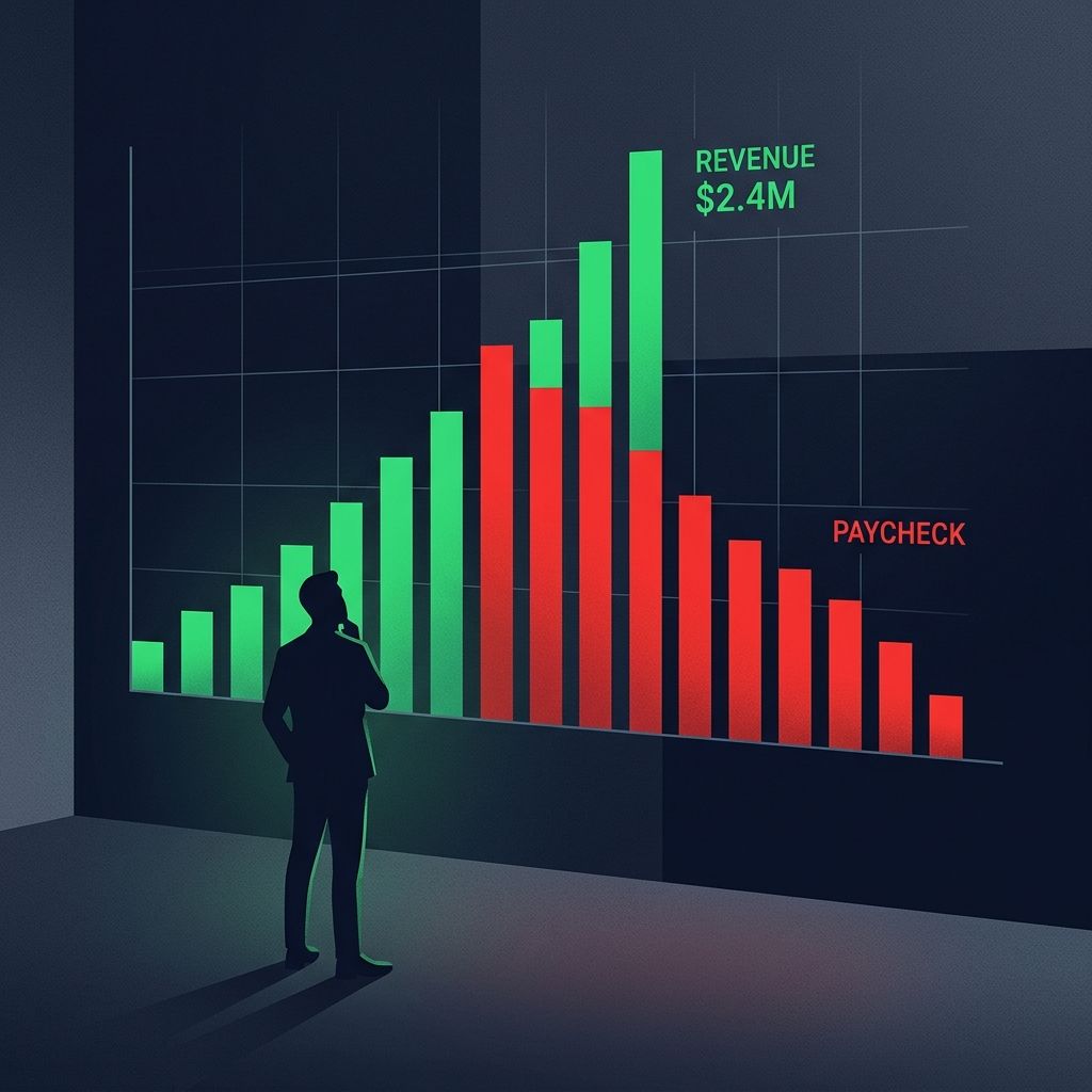 Service business owner looking at revenue going up and paycheck going down on a chart