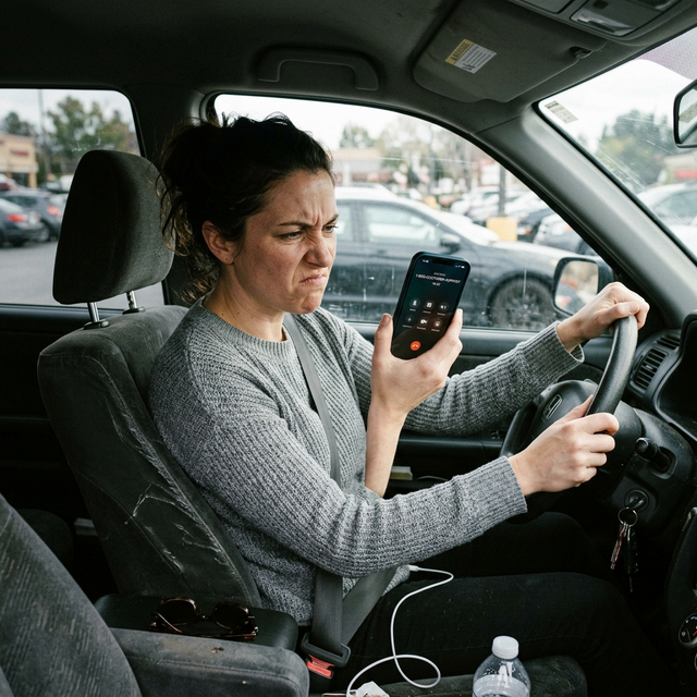 A frustrated woman sitting in her car holding her phone away from her ear and grimacing at the screen while navigating a phone tree menu call , the universal expression of IVR frustration