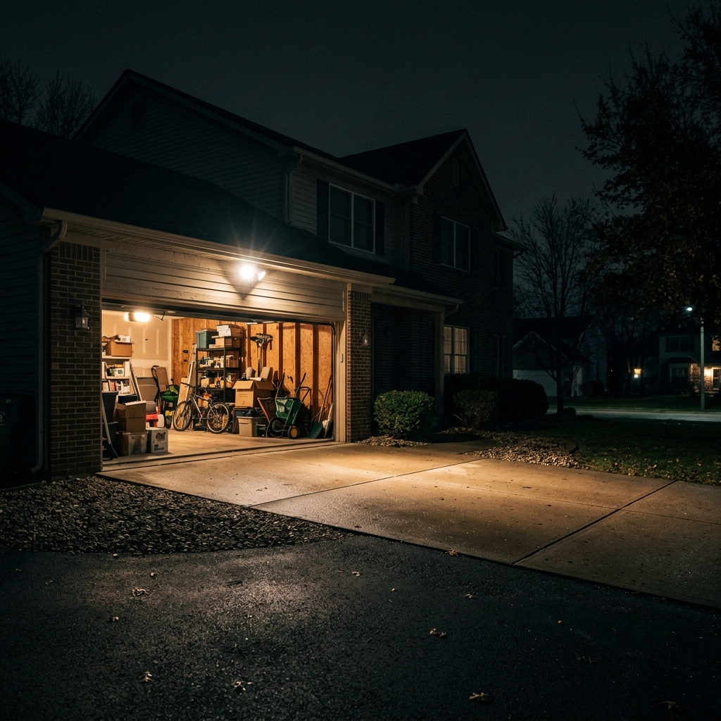 Residential garage door stuck fully open late at night with the garage interior illuminated and contents visible, a security floodlight on above the empty driveway, the dark quiet neighborhood behind, communicating the security vulnerability of an unresponsive garage door after hours