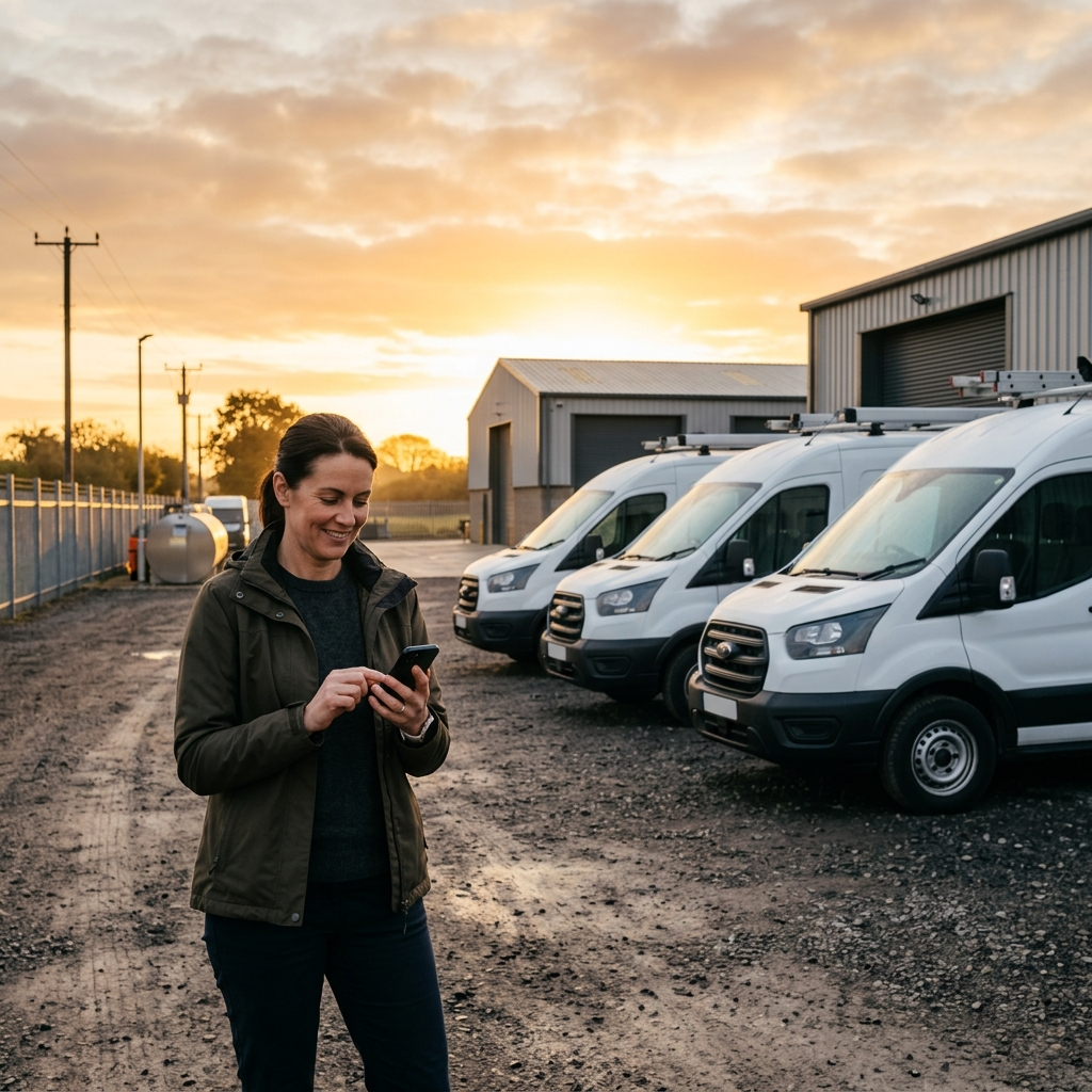 Service business owner standing confidently at dawn in front of a fleet of four white service vehicles in a company yard, reviewing their phone with a satisfied expression, golden sunrise light in the background, communicating a leader whose business runs through well-built systems