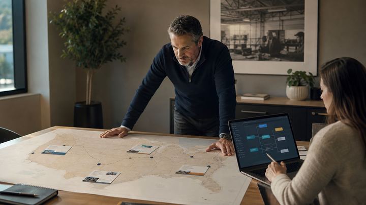 Operations leaders review a United States location map and multi-state AI receptionist routing plan