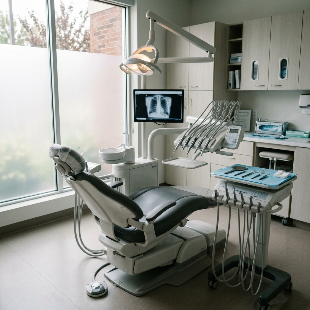 Modern dental operatory with overhead light angled toward an empty treatment chair tilted back and ready, sterile instruments on the tray beside it, completely empty room communicating a patient who was not recalled and an appointment slot never filled