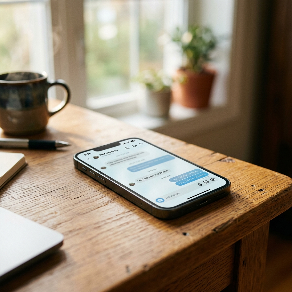 Smartphone on a warm wooden desk in morning light showing a text message conversation where a past client has replied Yes I would like to book, representing a successful reactivation of a dormant customer relationship
