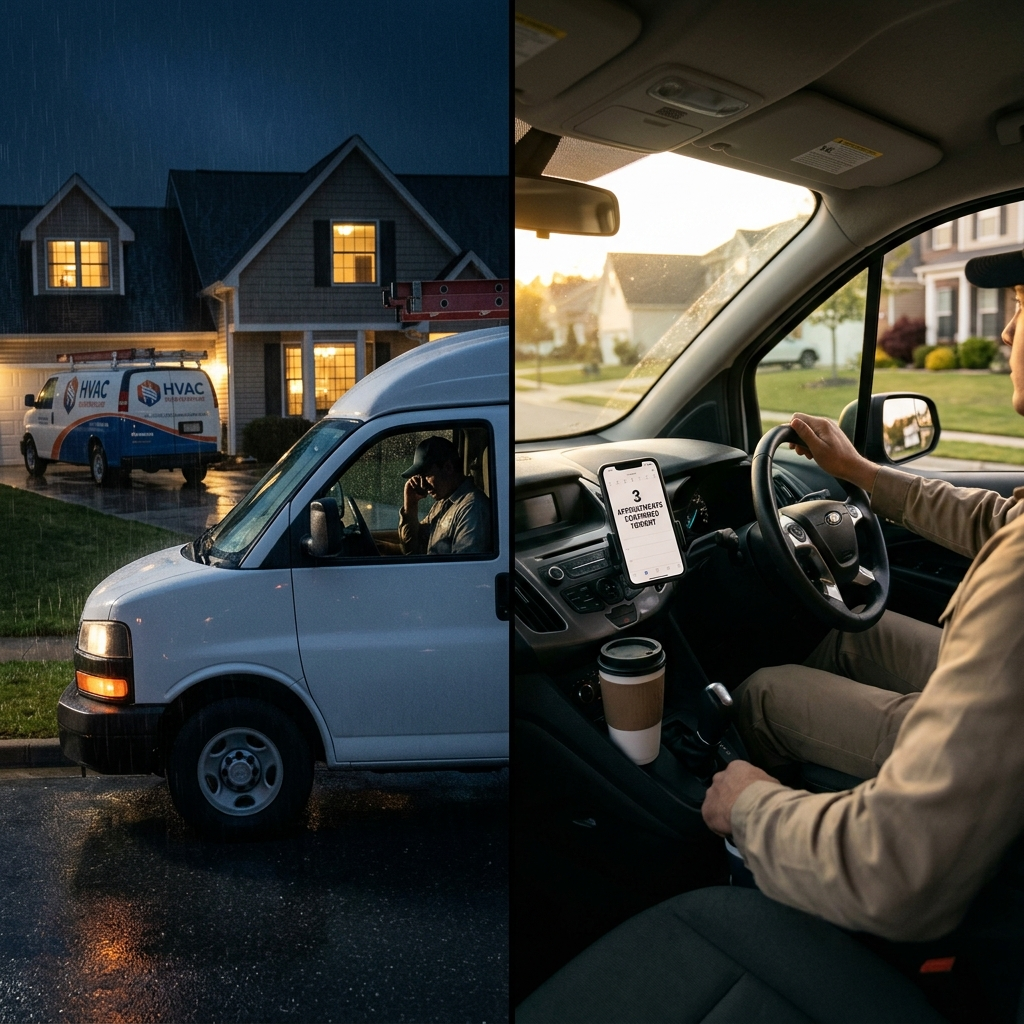 Split scene: LEFT , HVAC van parked outside a house at night in the rain, driver frustrated on phone as a competitor van sits in the driveway of the house ahead. RIGHT , same HVAC van moving confidently at golden hour, dashboard phone showing 3 Appointments Confirmed Tonight, coffee cup in holder. Same truck, two different outcomes based on systems.