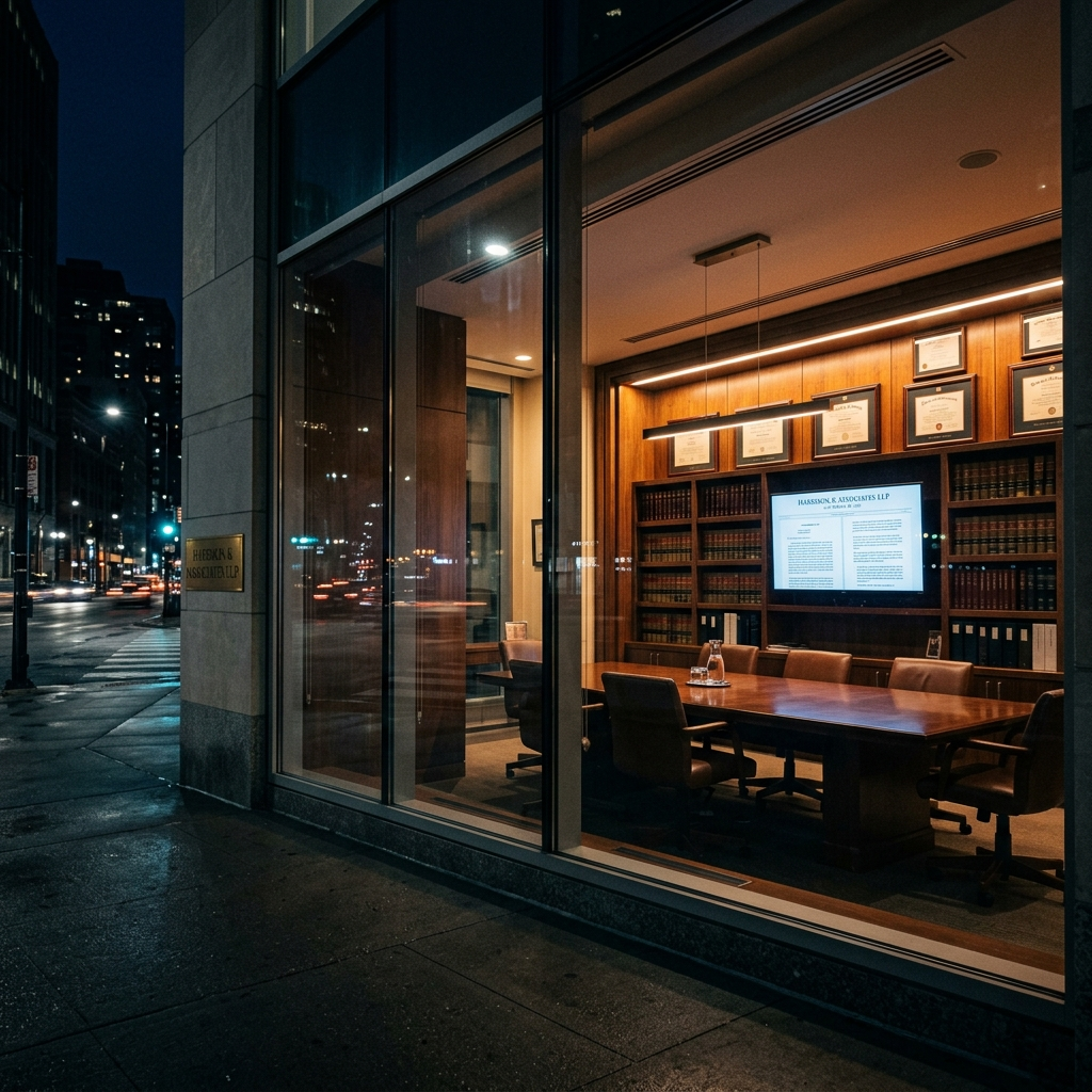 Cinematic dark editorial photograph. A premium US law firm office at night, shot from outside through tall glass windows on a city street.