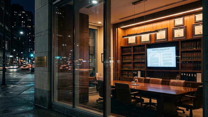 Cinematic dark editorial photograph. A premium US law firm office at night, shot from outside through tall glass windows on a city street.