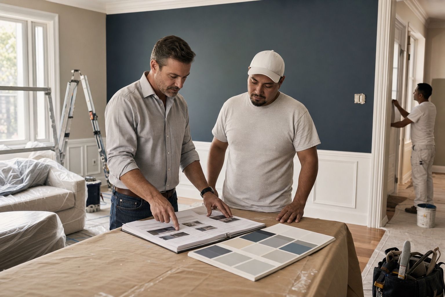 A painting estimator and crew lead review a detailed project scope, finish schedule, and protected work area inside a well-kept home