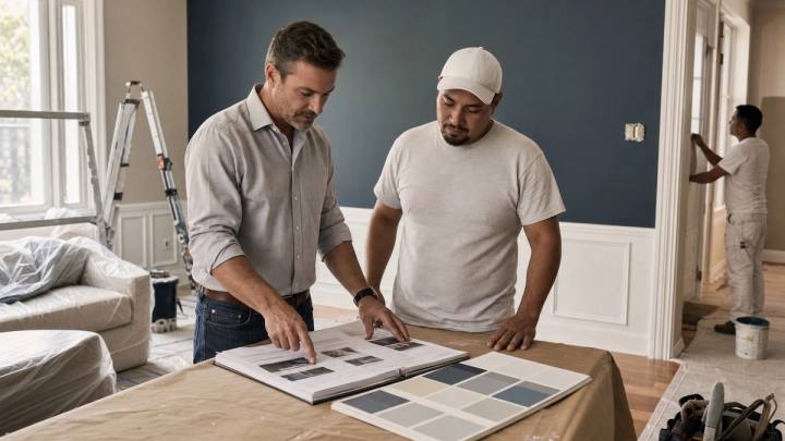 A painting estimator and crew lead review a detailed project scope, finish schedule, and protected work area inside a well-kept home