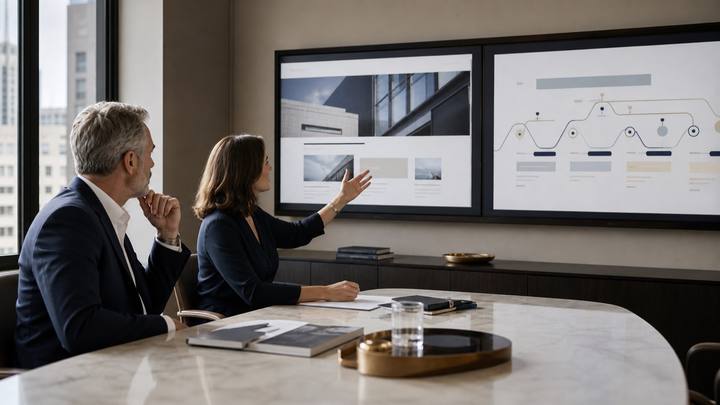 Professional firm leaders compare an existing website with a mapped customer journey in a strategy room.