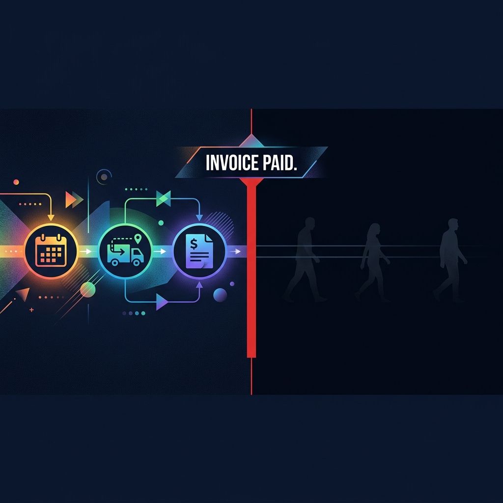 Customer lifecycle timeline showing scheduling software stopping at Invoice Paid