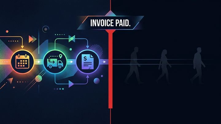 Customer lifecycle timeline showing scheduling software stopping at Invoice Paid