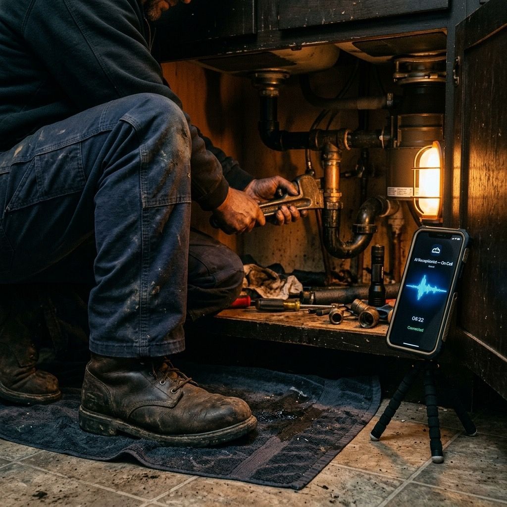 Solo plumber under a sink with a wrench while an AI receptionist handles a call on his phone , every lead answered while he works