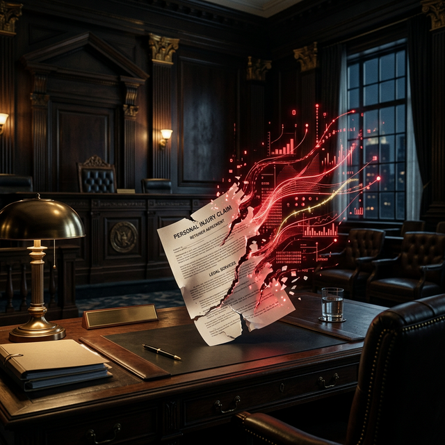 Personal injury claim document disintegrating into red revenue loss data streams in a dark law office, representing intake script failures