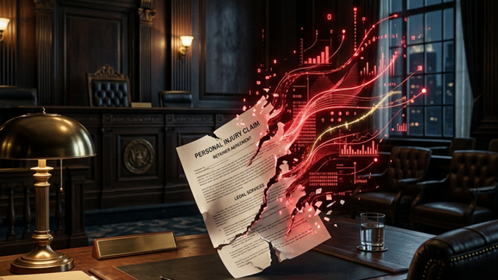 Personal injury claim document disintegrating into red revenue loss data streams in a dark law office, representing intake script failures