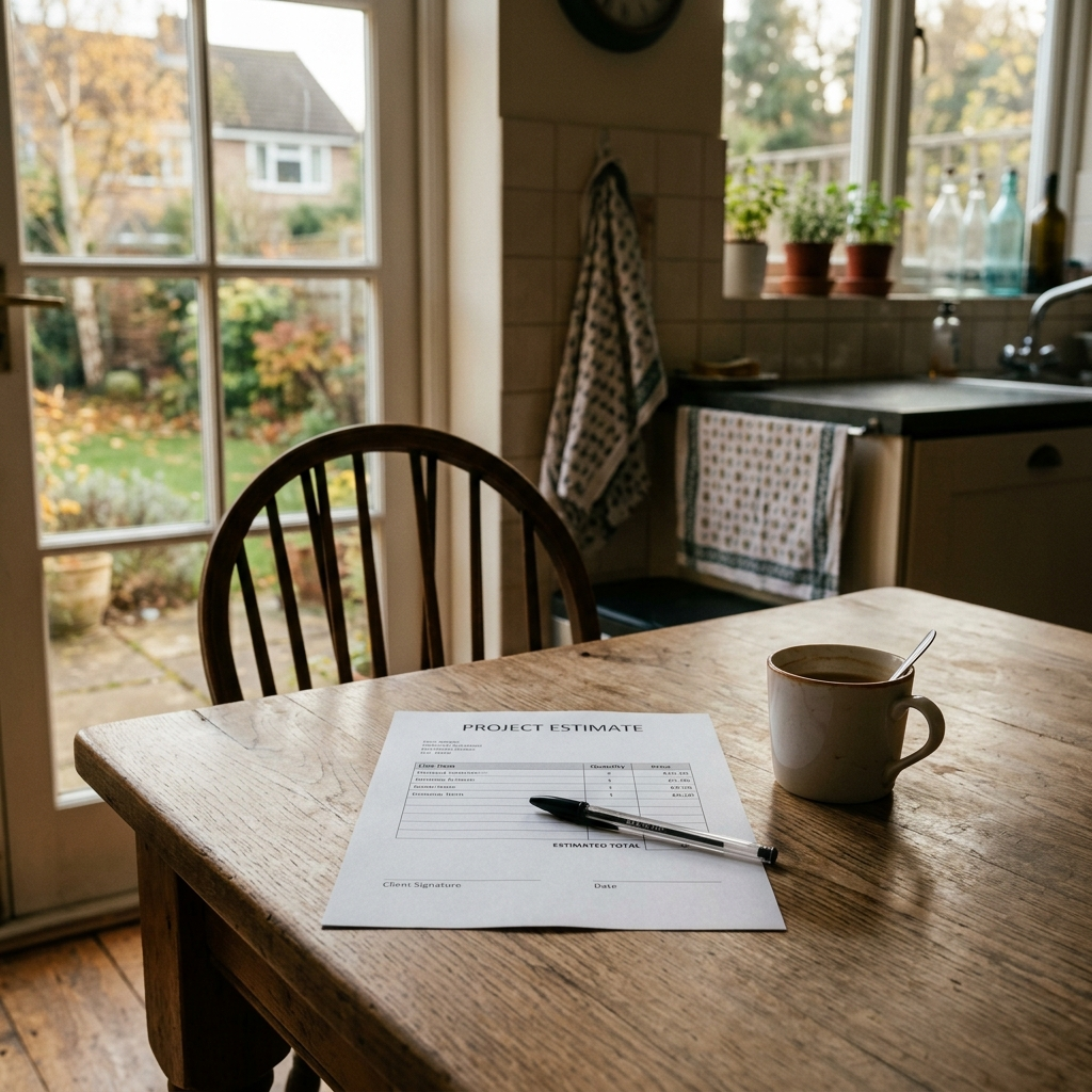 A printed project estimate document on a kitchen table with a pen resting on top of it unsigned, an empty chair visible across the table, late afternoon light through a window, communicating the business opportunity that was not followed up on