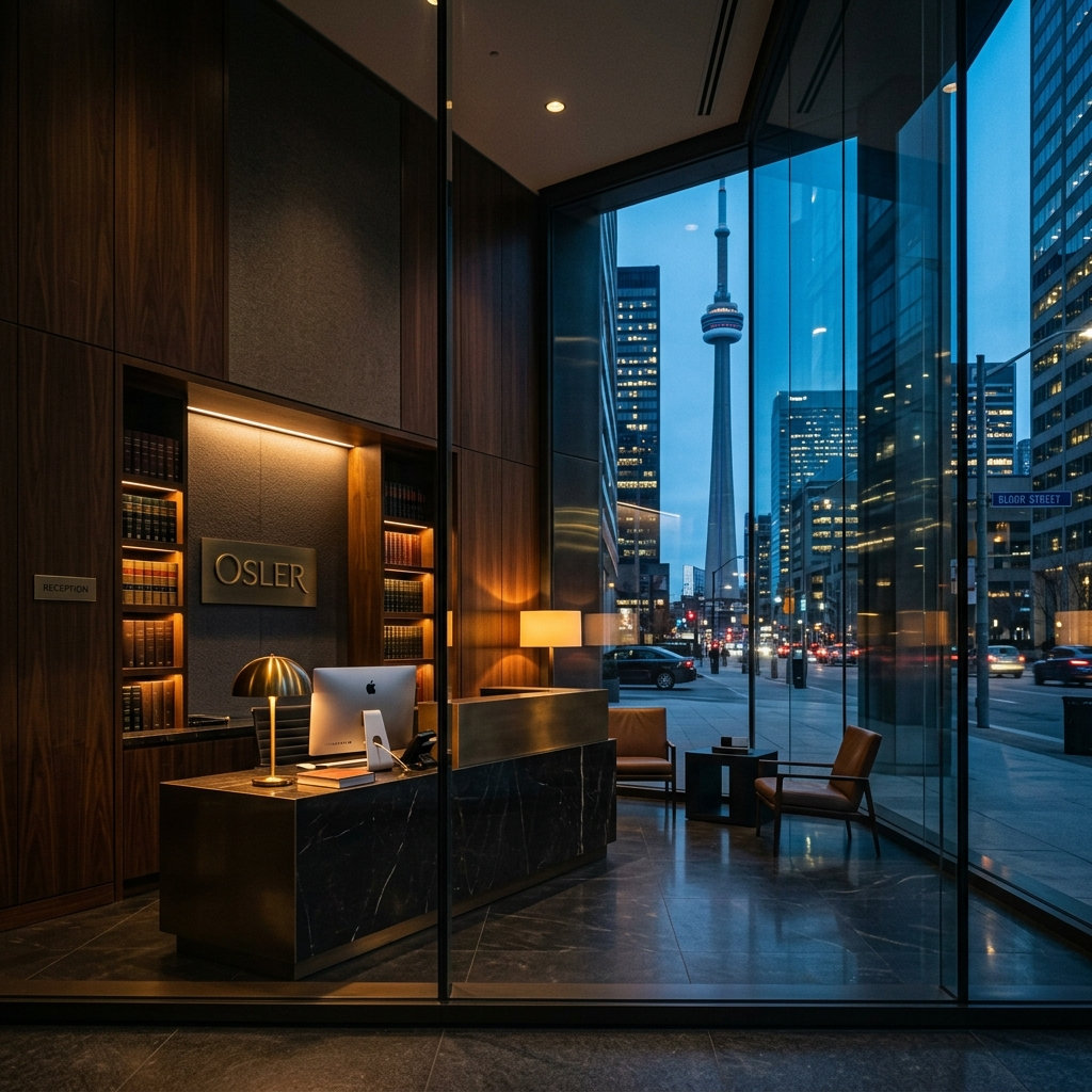 Cinematic dark editorial photograph. A premium Toronto law firm reception area at dusk with Bay Street high-rises visible through the glass.