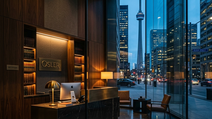 Cinematic dark editorial photograph. A premium Toronto law firm reception area at dusk with Bay Street high-rises visible through the glass.
