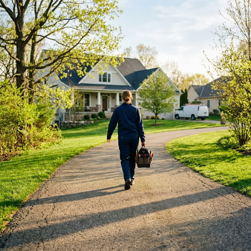 Home services technician in clean dark uniform walking up a residential driveway toward a house in early spring, fresh green grass and first leaves of the season, warm golden morning light casting long shadows