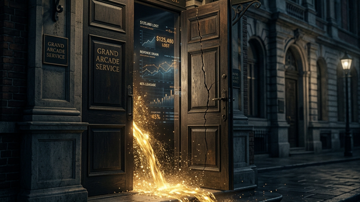 Gold revenue streams leaking from a grand business front door at night, representing the front door revenue problem for service businesses
