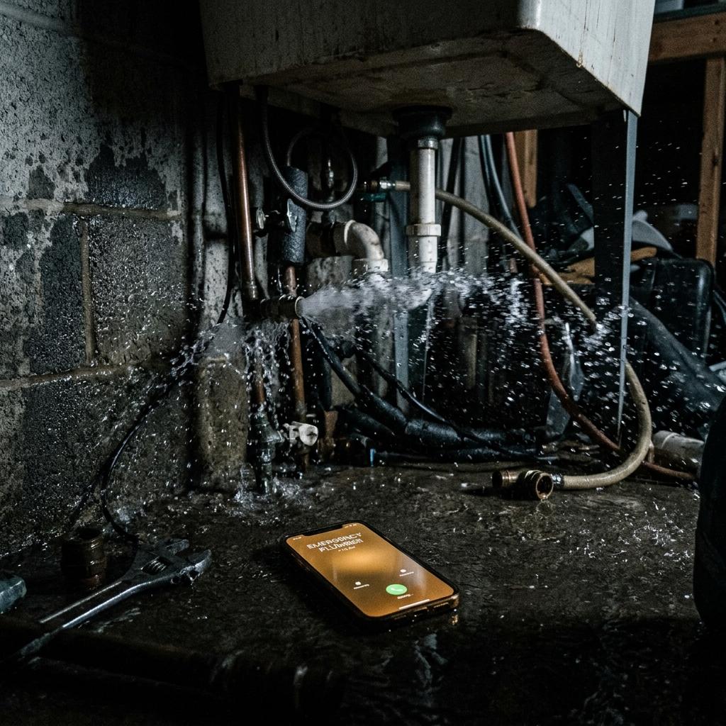 Burst pipe spraying water in a basement utility room at 7:12 AM Saturday , phone on the floor showing a call to Emergency Plumber, the highest-ROI moment in plumbing