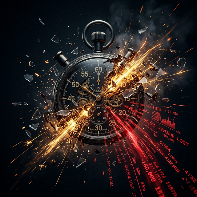 Digital stopwatch exploding with gold data streams representing the 5-minute speed-to-lead window for service businesses