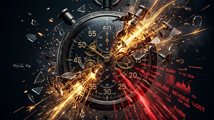 Digital stopwatch exploding with gold data streams representing the 5-minute speed-to-lead window for service businesses