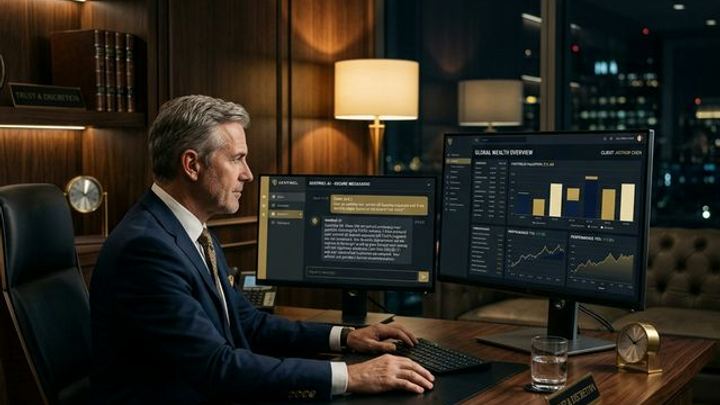 Wealth management advisor at a premium dark-wood office desk with dual monitors showing portfolio dashboards and an AI intake interface handling a prospective client inquiry with professional discretion.