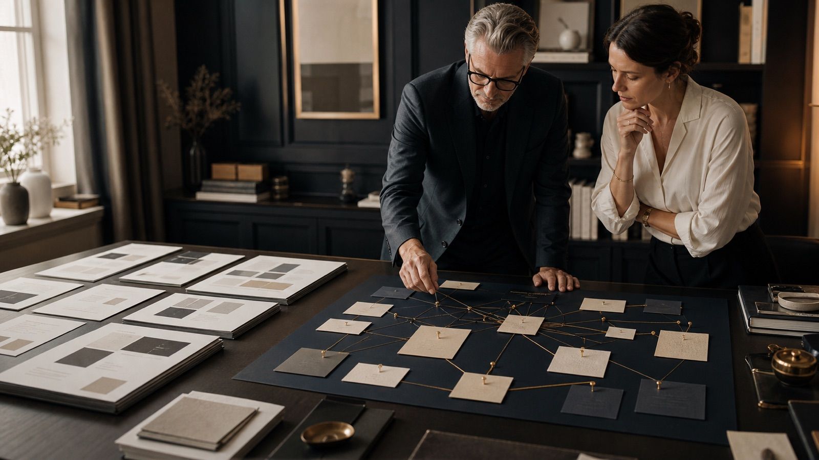 Business leaders compare a polished page template with a mapped buyer journey, proof system, and connected client intake path.