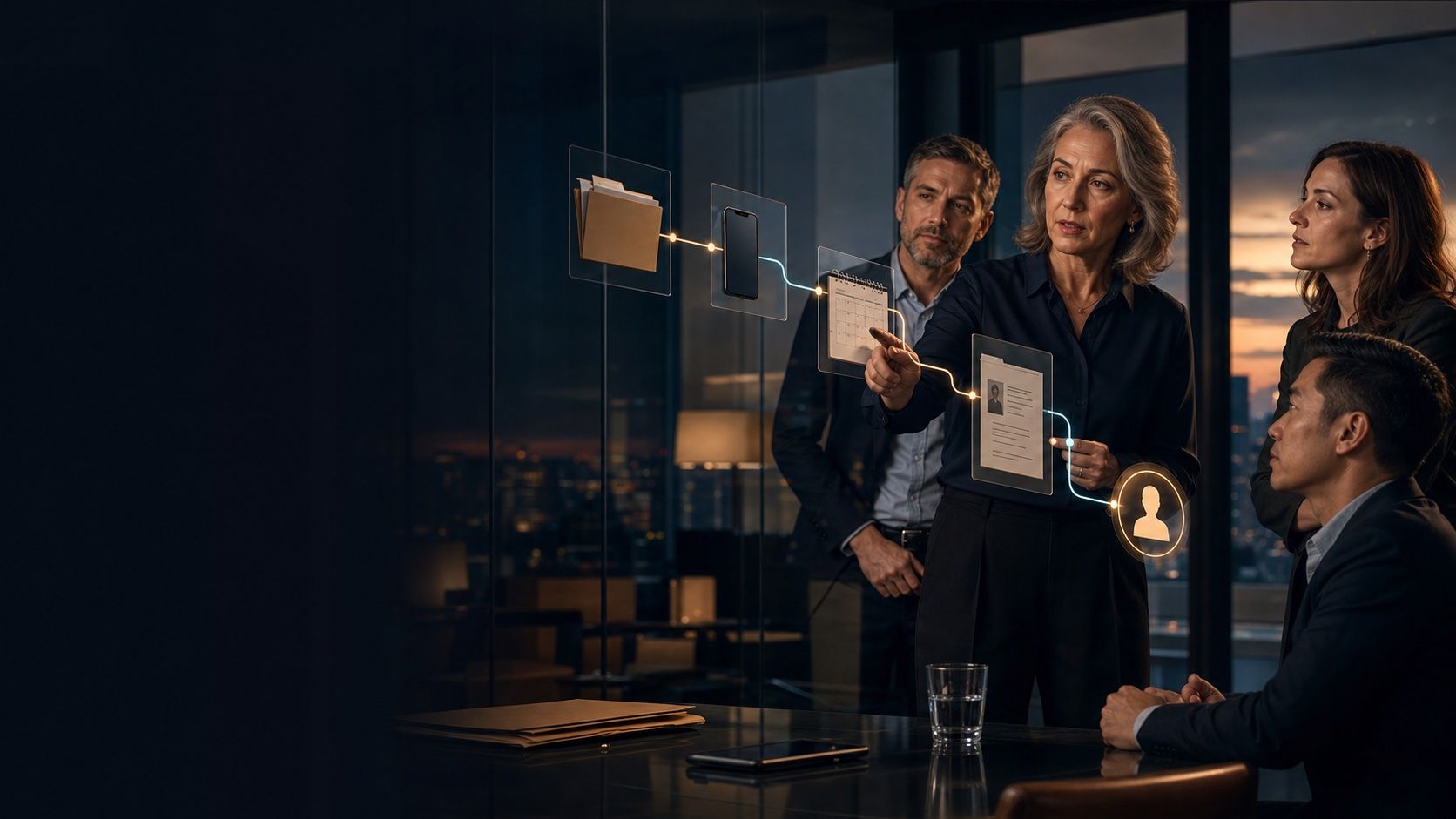 A professional firm leadership team reviews a connected customer workflow with a visible human approval point