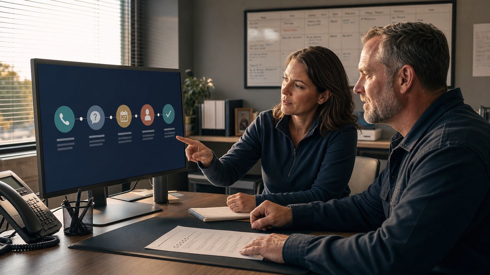 An operations manager and service-business principal review a five-stage inbound call path and human handoff before launch