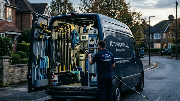 Window cleaning company van with squeegees and water-fed poles organized inside on a suburban street at dawn