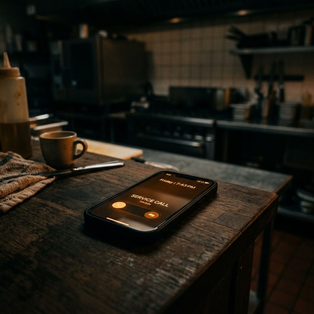 Phone on a kitchen counter Friday 7:43 PM showing an incoming service call , the moment most service businesses lose their highest-intent leads