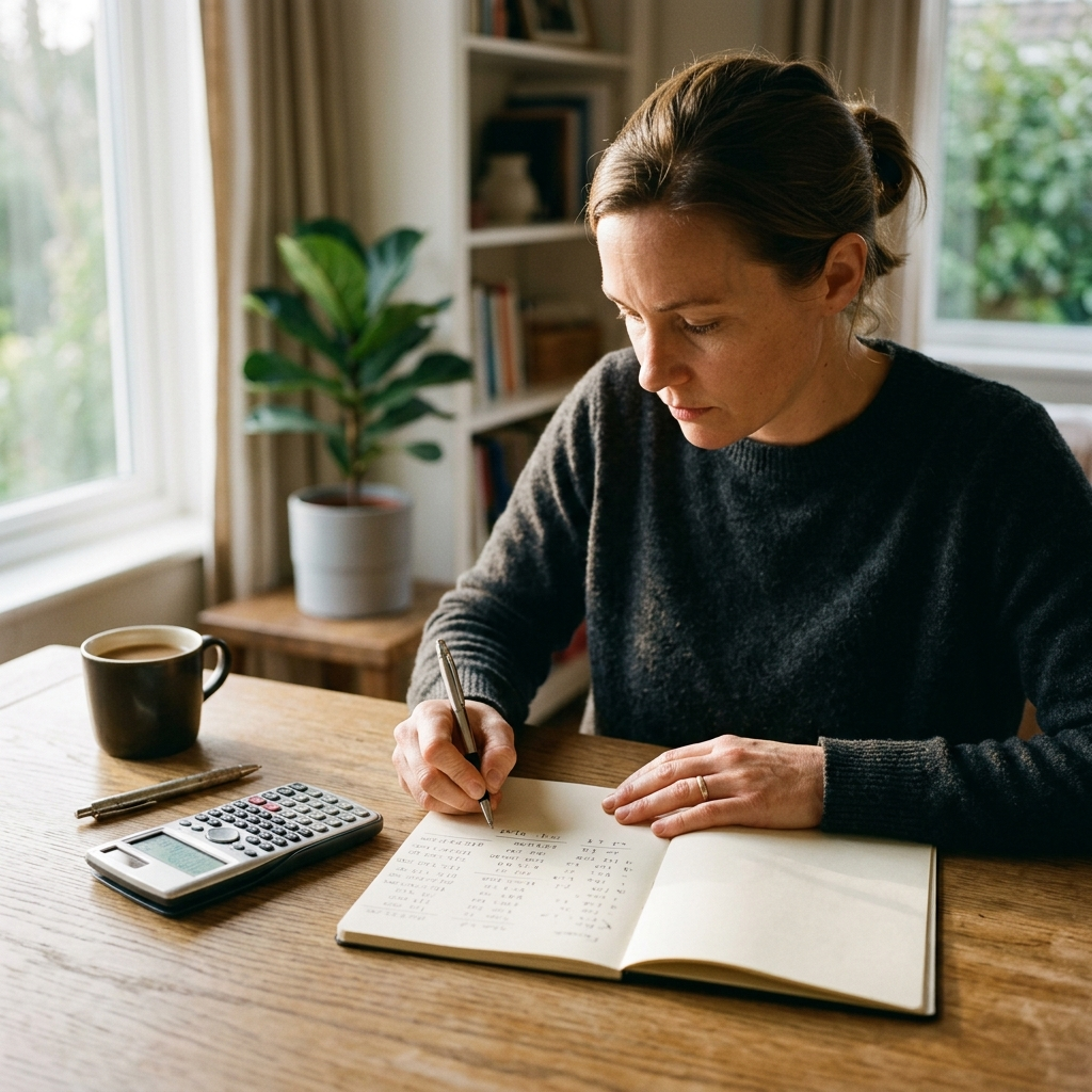 Business owner at a wooden desk writing calculations by hand in a notepad with a calculator beside them and a coffee mug nearby, focused expression as they work through a financial ROI calculation in natural morning window light