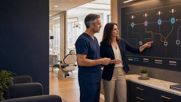 A dentist and practice administrator map new-patient inquiries, appointment paths, and accountable handoffs across several dental locations