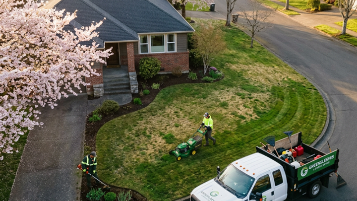 An aerial view of a two-person landscaping crew working a residential lawn in early spring, cherry blossoms visible, branded truck parked out front, warm morning light