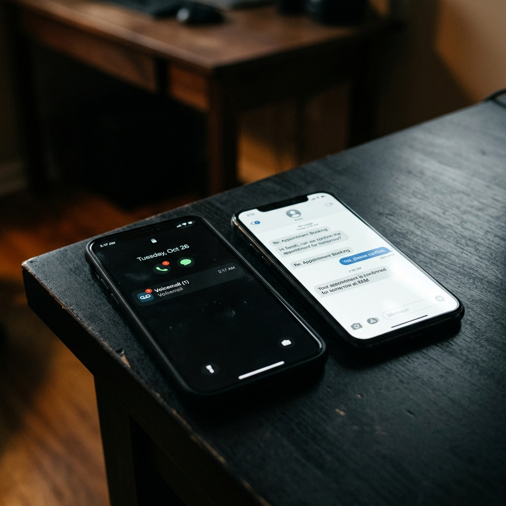 Two smartphones side by side on a dark surface — left phone showing a voicemail notification at 2:17 AM, right phone showing a confirmed appointment booking text message at 2:19 AM, illustrating the gap between message-taking and outcome delivery