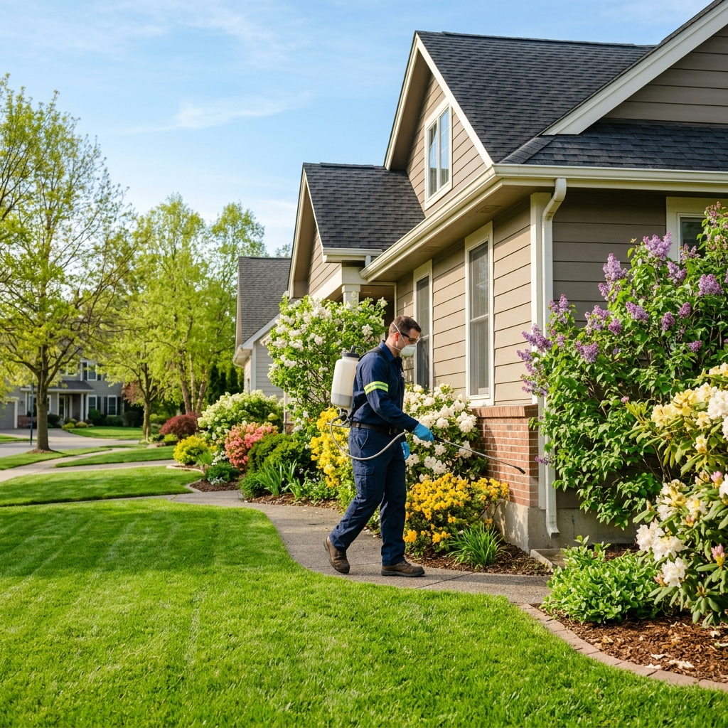 Pest control technician in professional uniform and protective equipment spraying the exterior perimeter of a well-maintained suburban home on a bright spring morning with flowering bushes and green lawn