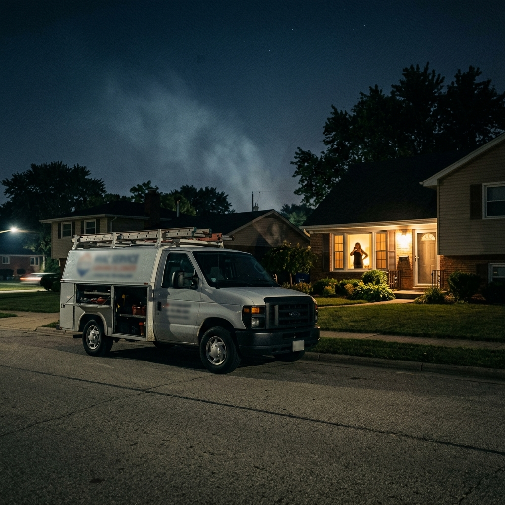 HVAC service truck parked outside a suburban home at night with a homeowner visible through a lit window holding a phone , the call nobody is answering