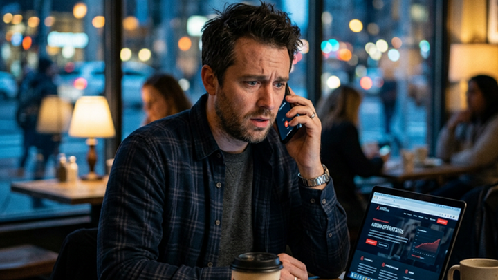 A worried business owner sitting at a coffee shop at night calling his own business phone number and reaching voicemail