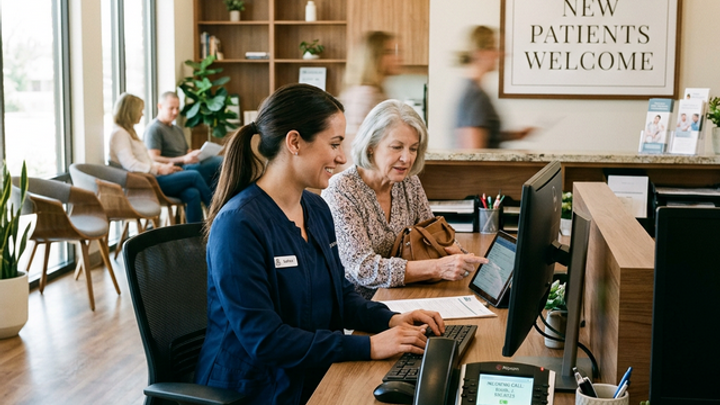 A chiropractic clinic reception desk with a New Patients Welcome sign on the wall as the phone shows an incoming call notification while the receptionist assists another patient