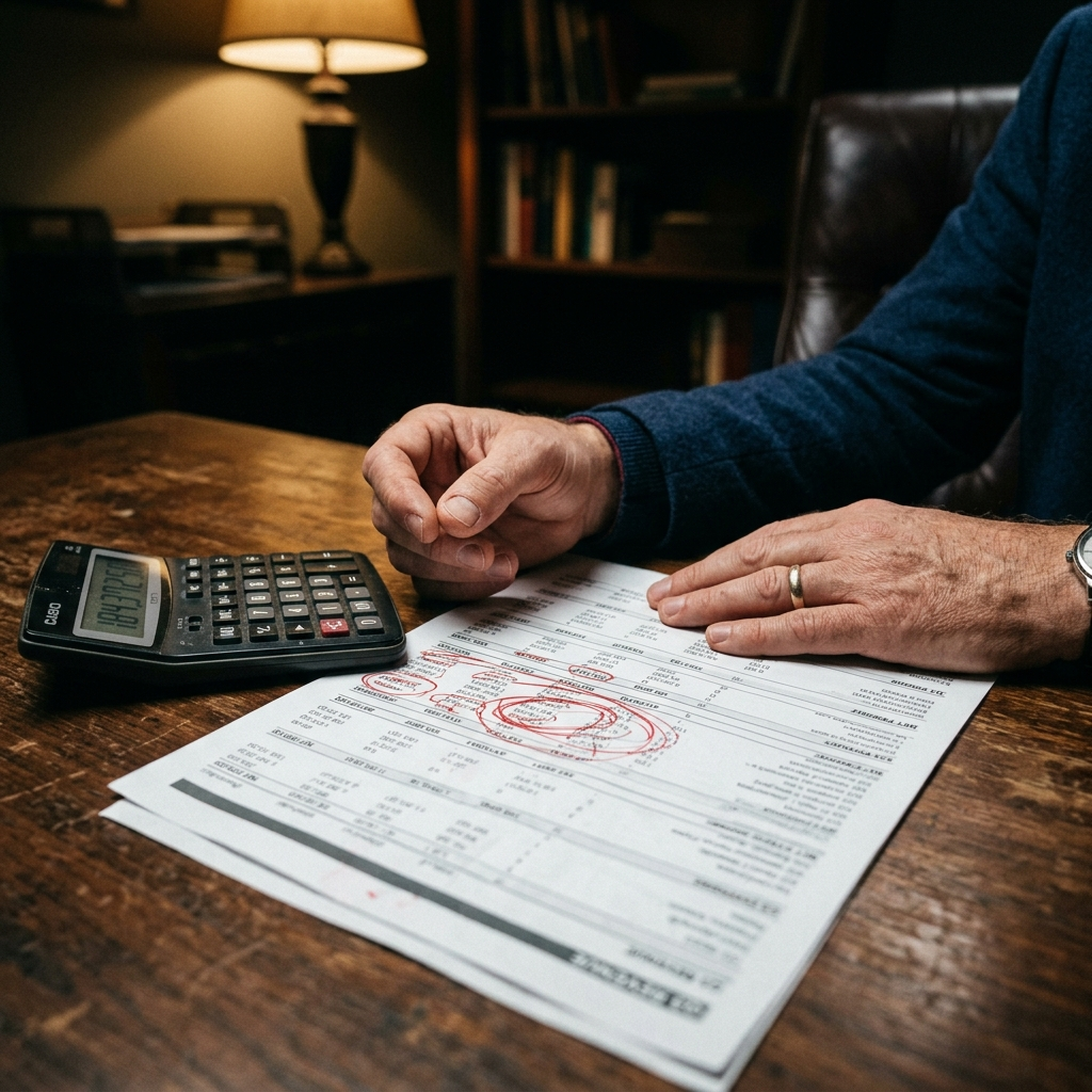 Business owner hands on wooden desk with a calculator to the left, financial spreadsheet with numbers circled in red pen in the center, warm desk lamp light , the moment after calculating a number no one wanted to see