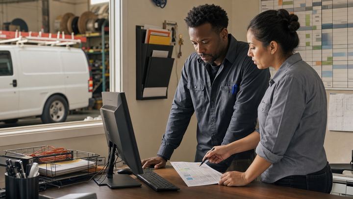 An electrical contractor and dispatcher review a service request beside a scheduling board while a stocked service van waits in the adjoining workshop