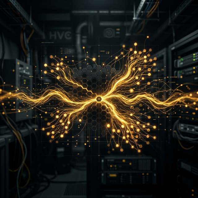Gold neural network awakening in a dark server room, representing HVAC customer database reactivation worth $50,000 in dormant revenue